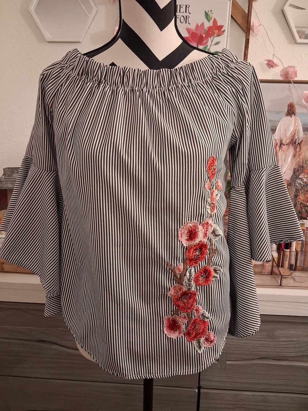KONTROL Black & White Striped Off-Shoulder Blouse with Red Floral Embroidery